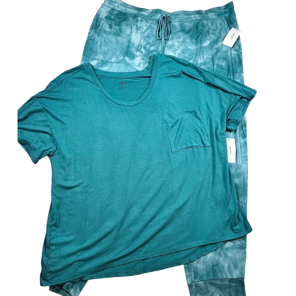 Alfani Intimates Womens XXL Pajama Set Teal Green Tie Dye Joggers Top 2PC NWT
